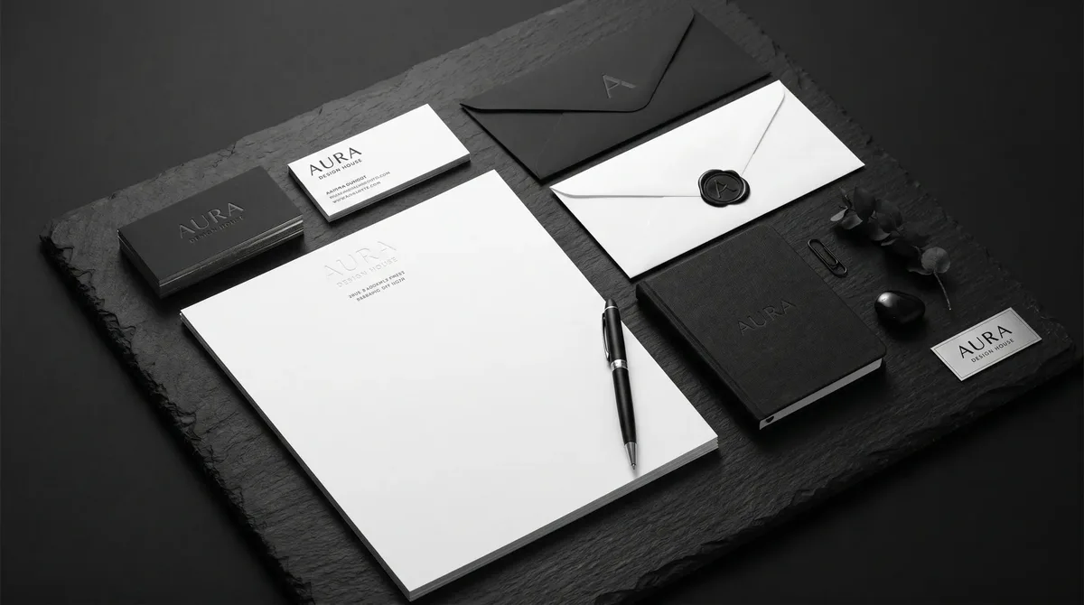Identidad de marca minimalista sofisticada, tarjetas de visita premium en blanco y negro sobre un fondo oscuro, estética de agencia de diseño de lujo en Almería.